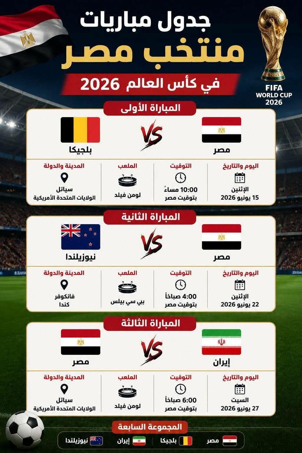 مواعيد مباريات منتخب مصر في كأس العالم 2026